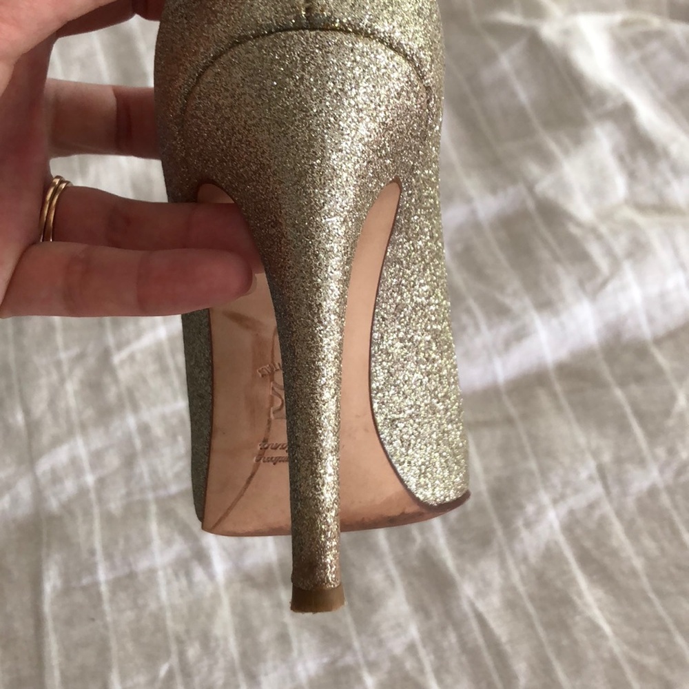 Something Bleu Covered Platform Gold Glitter Heels - image 3